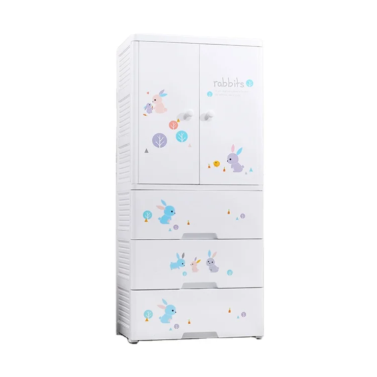 
4-layer cartoon printing two doors open with hanging design baby plastic stackable clothes storage cabinet drawers 