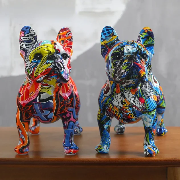 Creative Home Office Living Room Tabletop Artwork Dog Statue Ornaments Graffiti Resin French Bulldog Statue Decoration