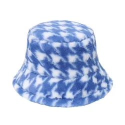 2021 autumn and winter fisherman hat plush warm houndstooth rabbit fur men and women bucket hat
