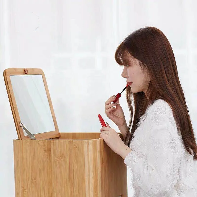 Bamboo Small Coffee Table Tatami Tea Table Storage Ottoman Dressing Table Living Room Furniture with 2 Cushions and Mirror