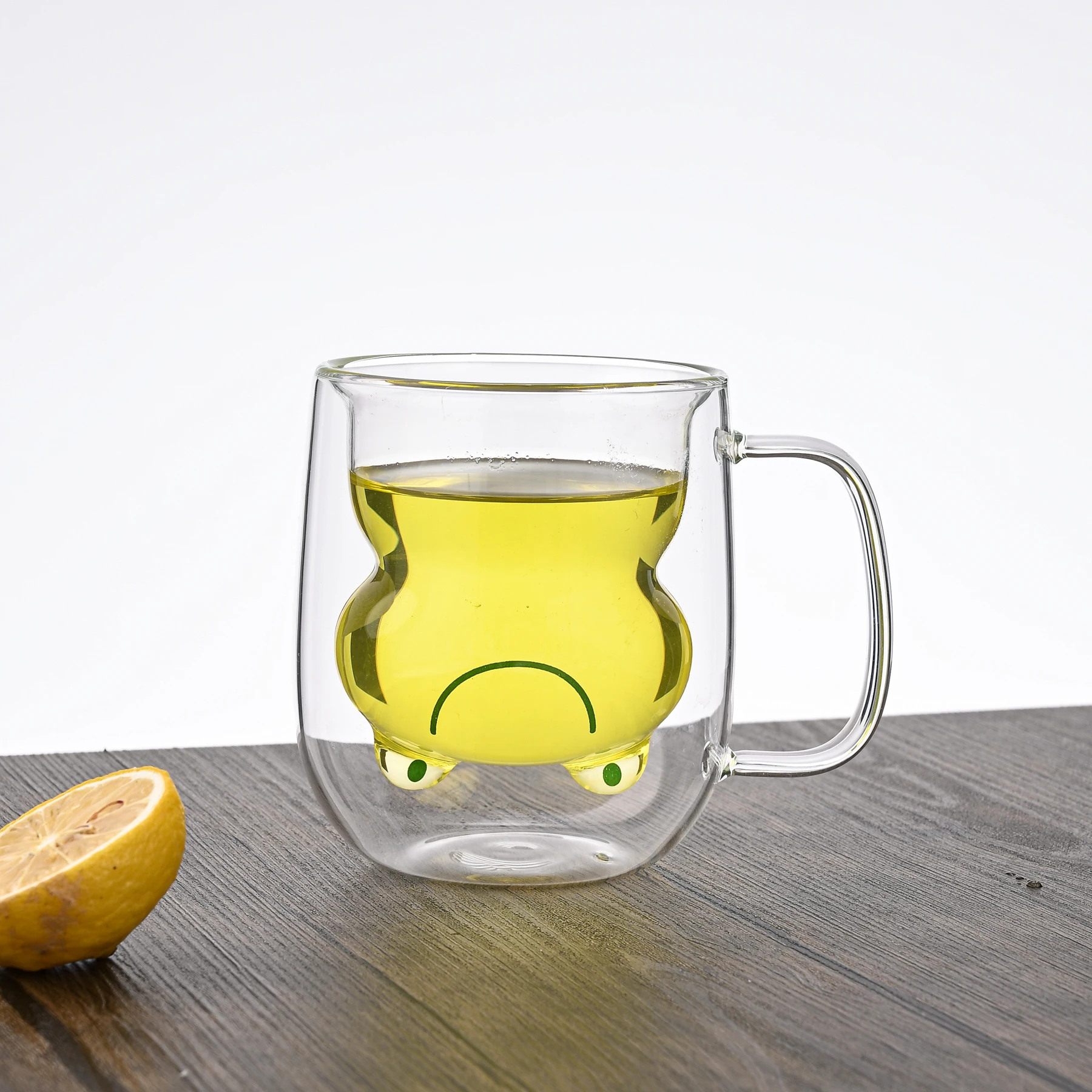 Creative 250ml Cartoon Animal Frog Double Wall Colored Glass Cup with Handle