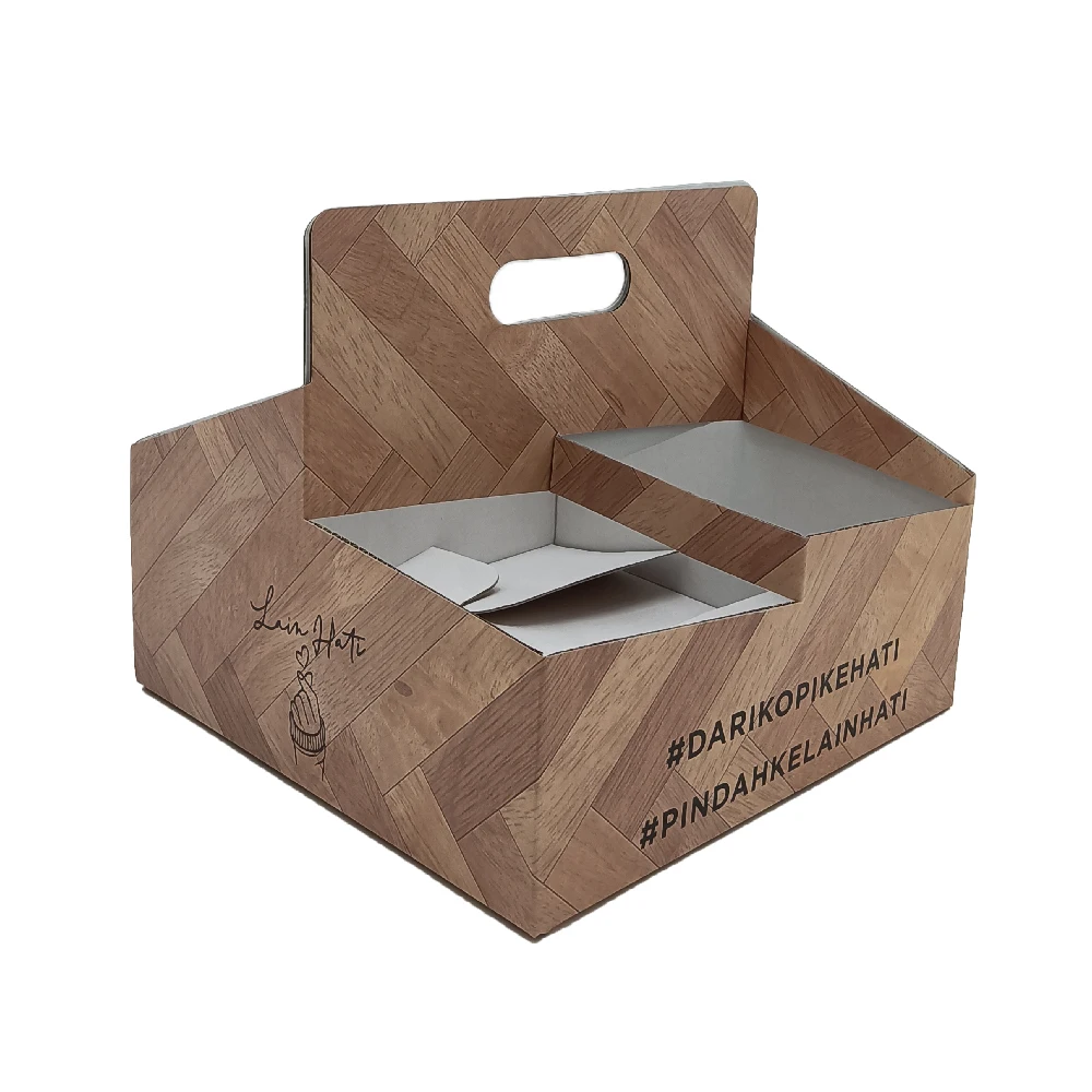 Wholesale Brown Sturdy Paper Box for Grocery Store Drink Container Box for Restaurant 4 Pack Coffee Beverage Takeout Paper Box
