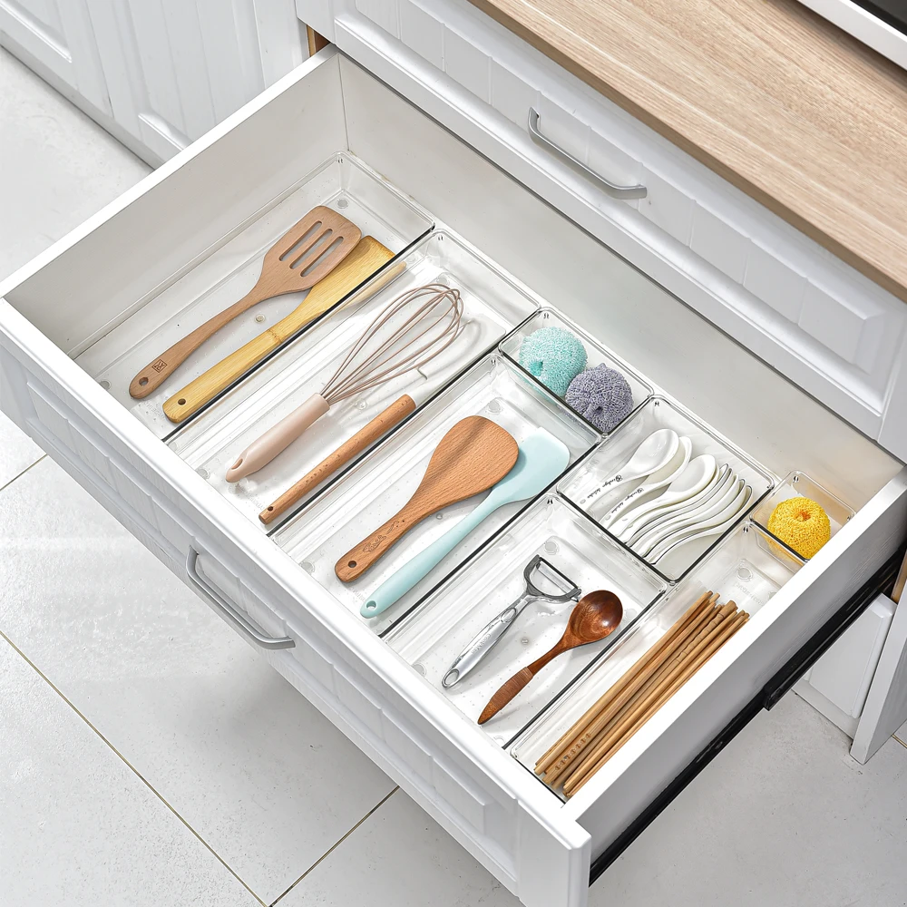 Clear Plastic Drawer Organizer Tray Storager Box for Makeup, Kitchen Utensils, Jewelries and Gadgets