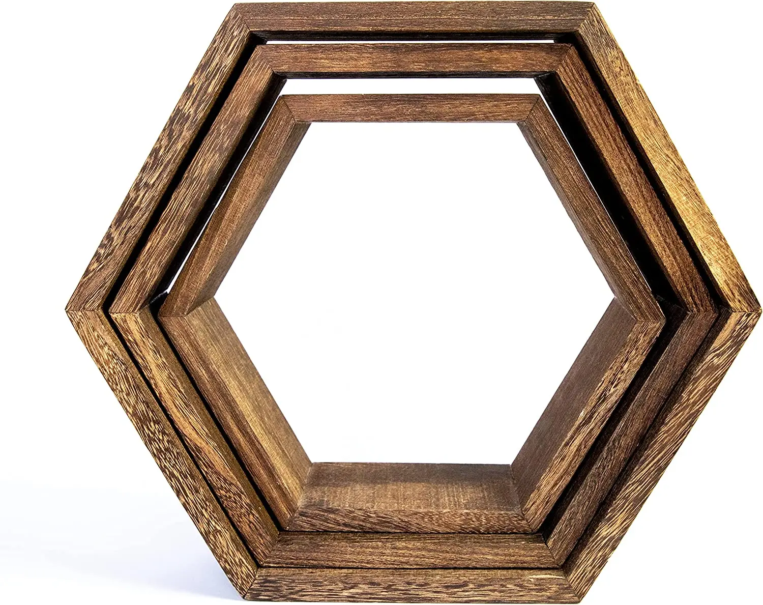 Rustic Brown Set of 3  wooden Wall Hexagon Floating Shelf home decor for Bedroom