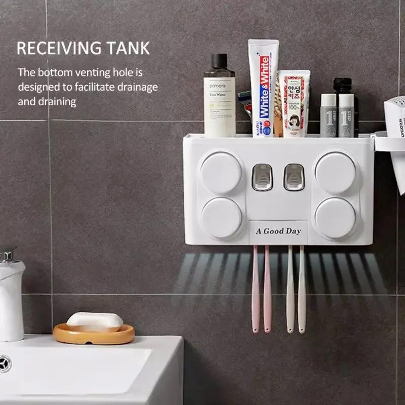 2020 PP Plastic wall-mounted easy installation automatic toothpaste dispenser  toothbrush holder