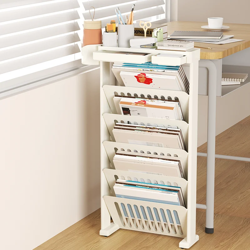 Portable Plastic 5-Tier Book Cart with Wheels, High Capacity Partition Storage, Side Table Organizer for Multiple Scenes