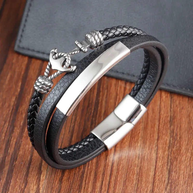 Fashion jewelry vintage stainless steel leather bracelets silver anchor bangles engraved sublimation bracelet blank unisex