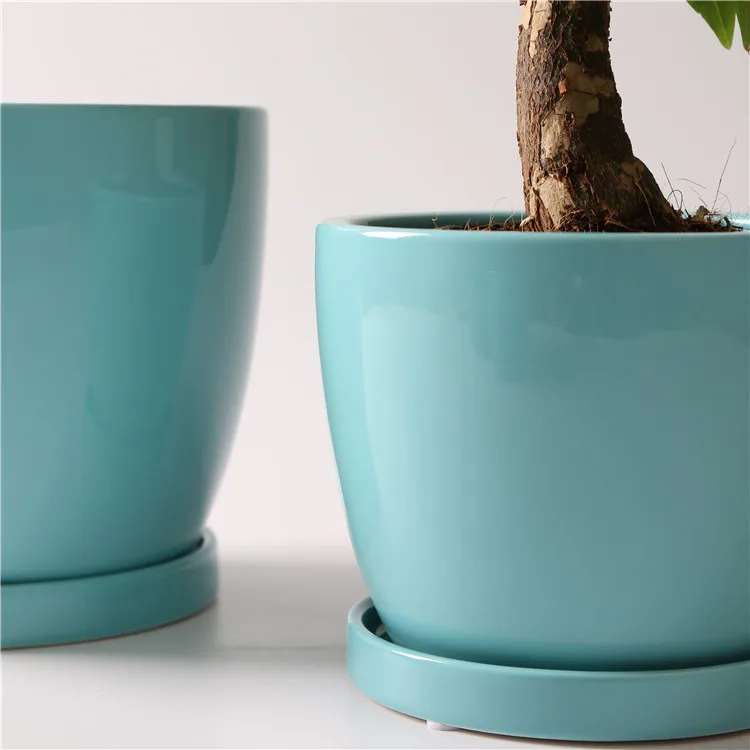 Customized logo solid color balcony decorative home decoration pieces ceramic flower pots with tray