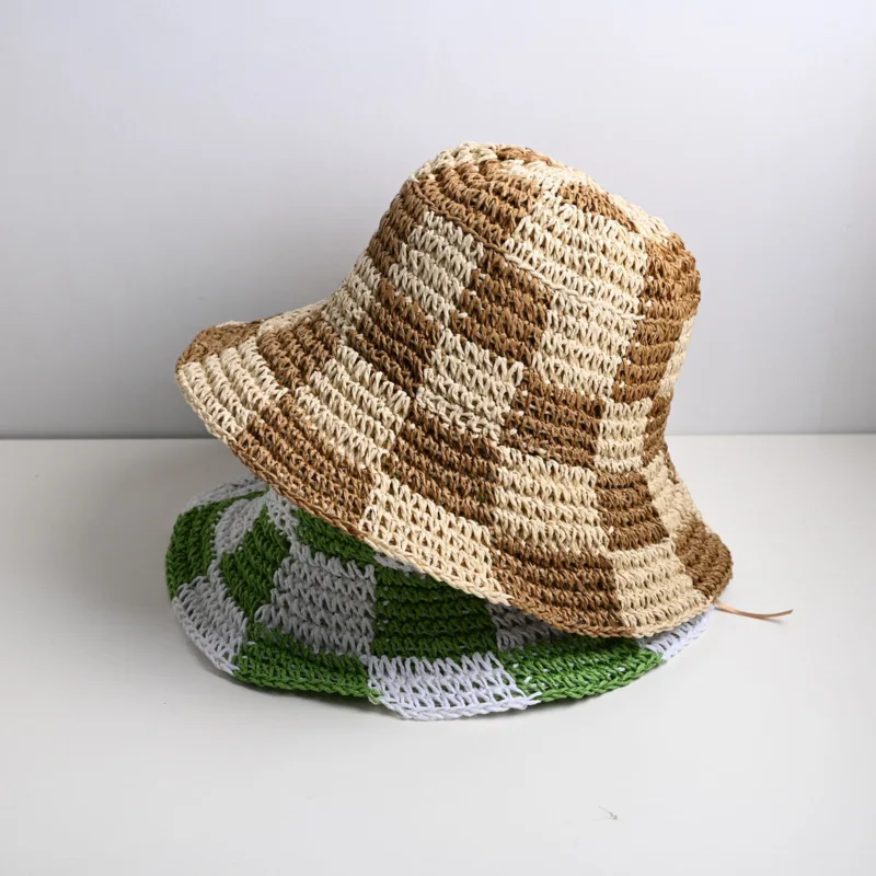 Handmade Breathable Travel Beach Protection Sun Crochet Bucket Hat Ladies Plaid Womens Straw Hats For Men