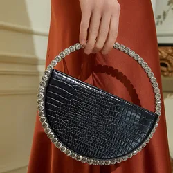 New fashion crocodile pattern round clutch bag evening bags ladies luxury design wedding half moon rhinestone bag for women