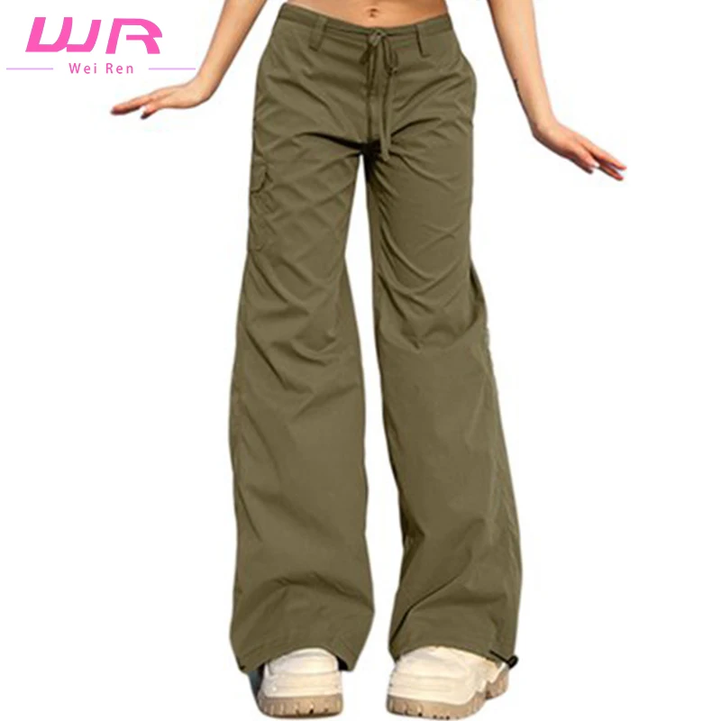 Autumn Fashion Streetwear Green Overalls Straight Custom Cool Girl Solid Color Baggy Wide Leg Hot Girl Cargo Pants For Women
