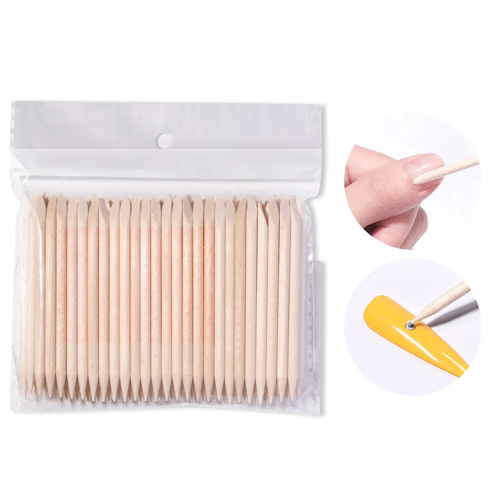 Private label double ended manicure and pedicure tools wooden nail sticks 100pcs/bag Press on nail tools wood sticks