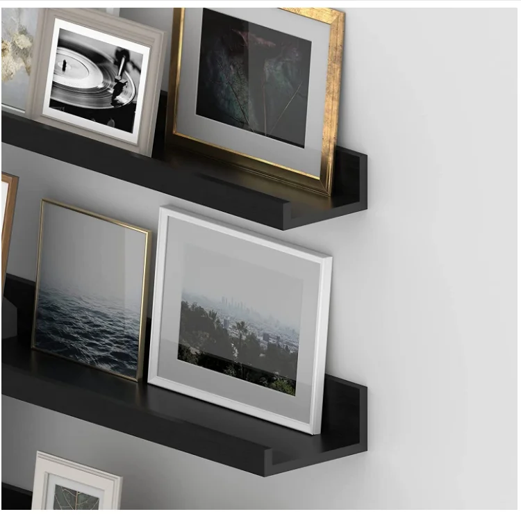 Set of 3 floating shelves living room office photos organizer black wall shelf wood