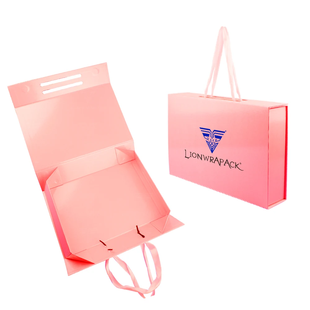 Luxury Ribbon Closures Book Shaped Flat Pack Folding Cardboard Paper Pink Box Foldable Packaging Gift Boxes With Magnetic Lid