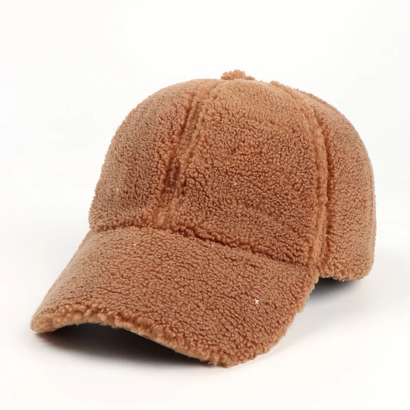 Custom Embroidery Wool Fur Warm Outdoor Fleece Furry Cap Unisex 6 Panel Lamb Wool Winter Baseball Cap