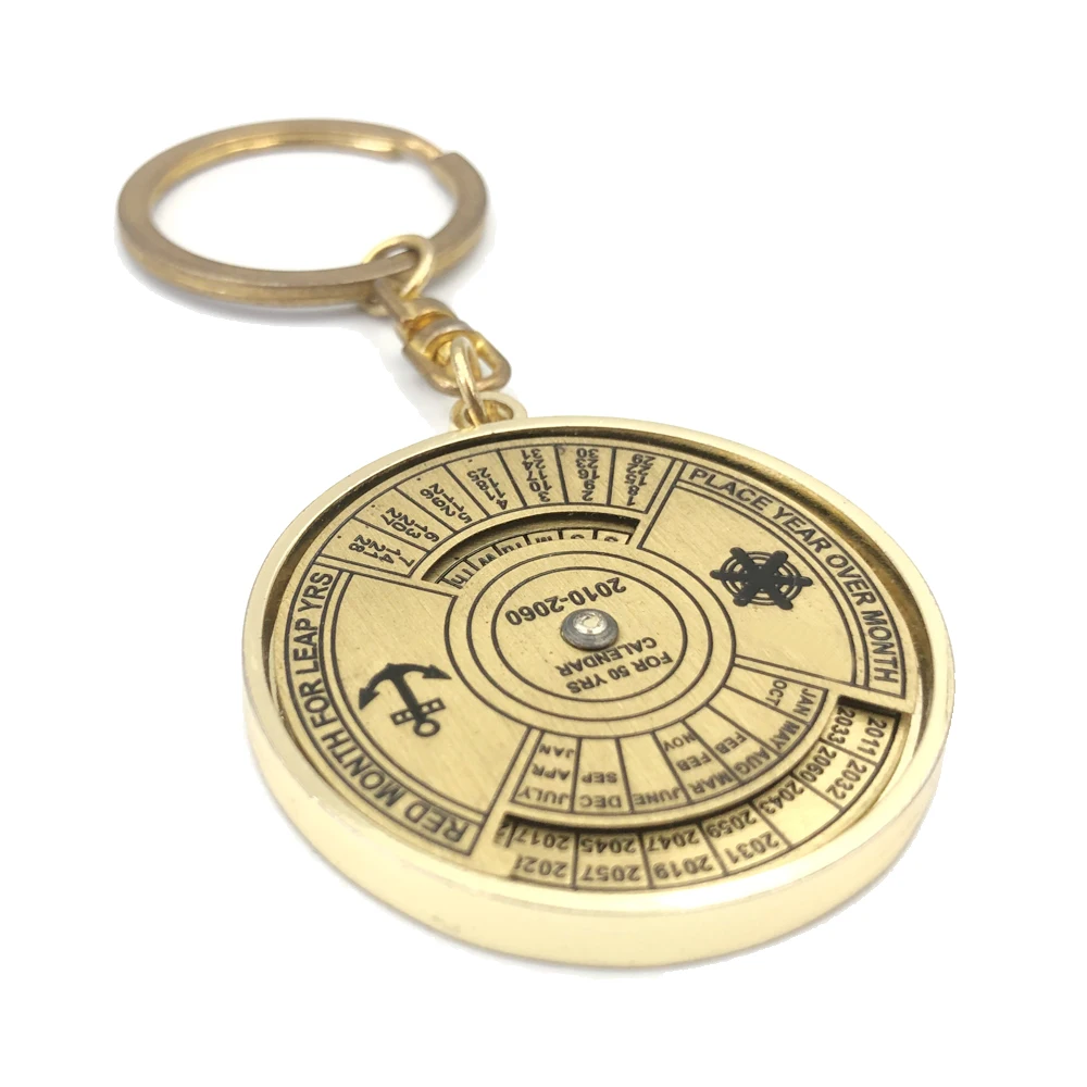 Custom special design round metal Keychain logo metal 50 years calendar Key chain ring