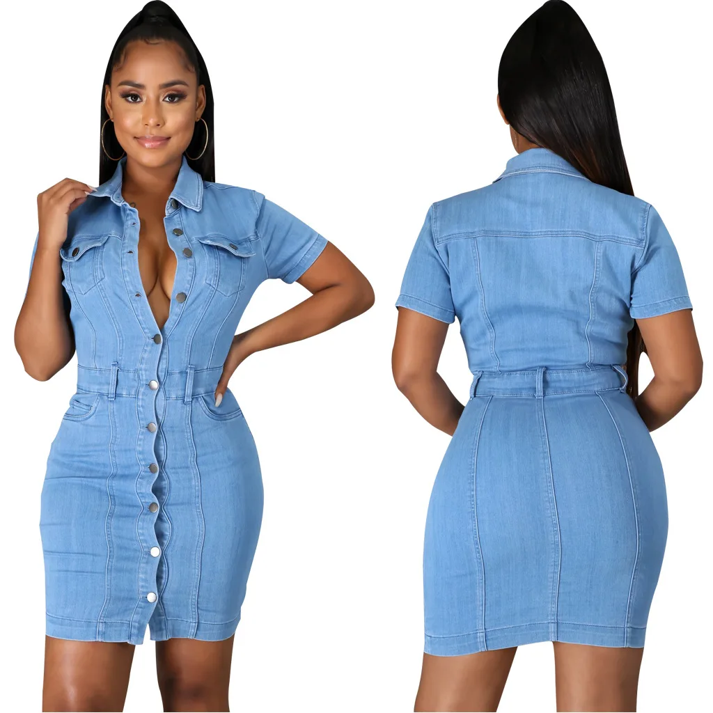 Wholesale 2022 fashion summer sexy ladies short sleeve Turn-down Collar single button pocket jeans Dresses (SMR10712)