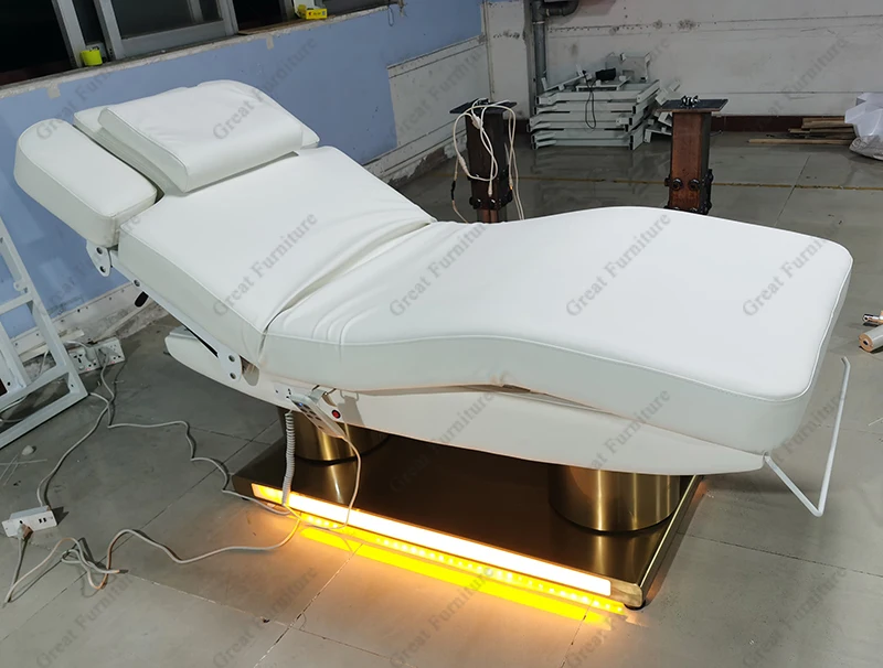 White Leather Gold Round Base Beauty Salon Eyelash Bed 3/4 Motors Electric Spa Equipment Massage Bed With Led Lighting