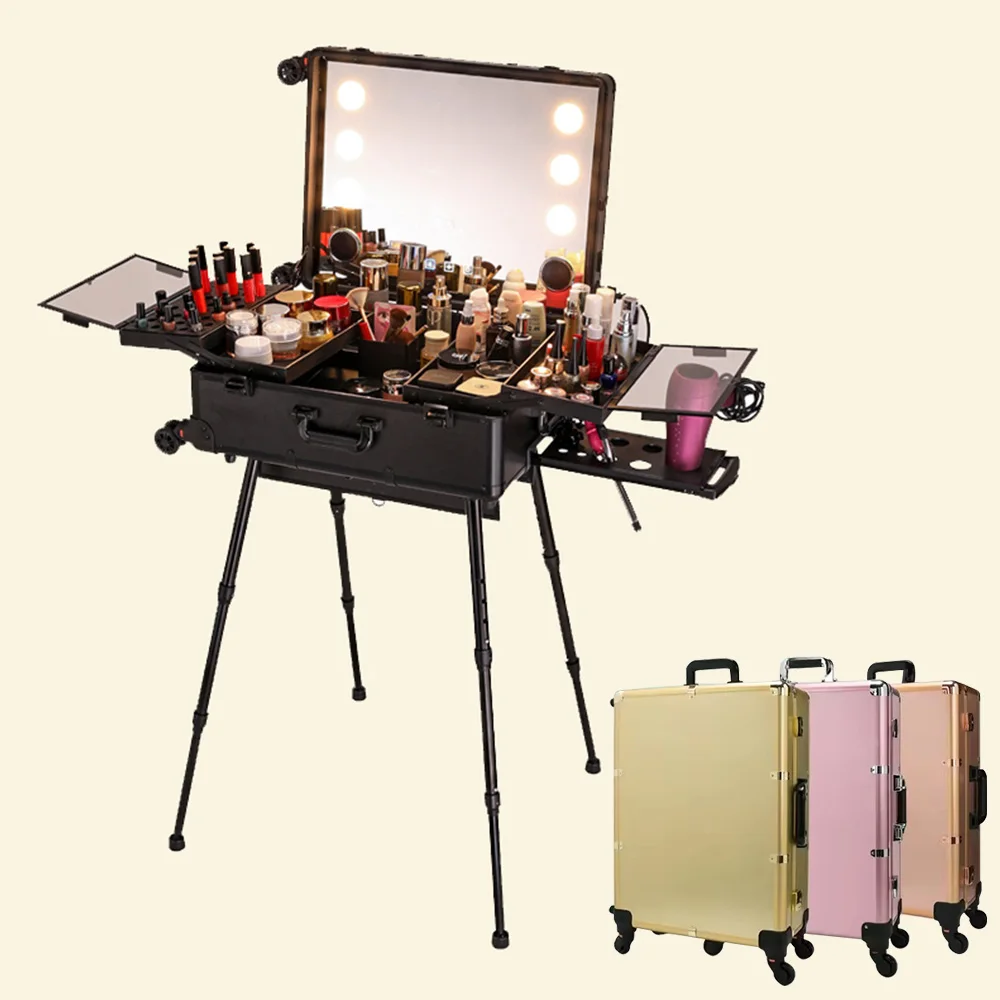 Makeup Travel Rolling Carry Case Cosmetic Beauty Trolley Suitcase Makeup Case Light Screen Mirror Adjustable Legs with led