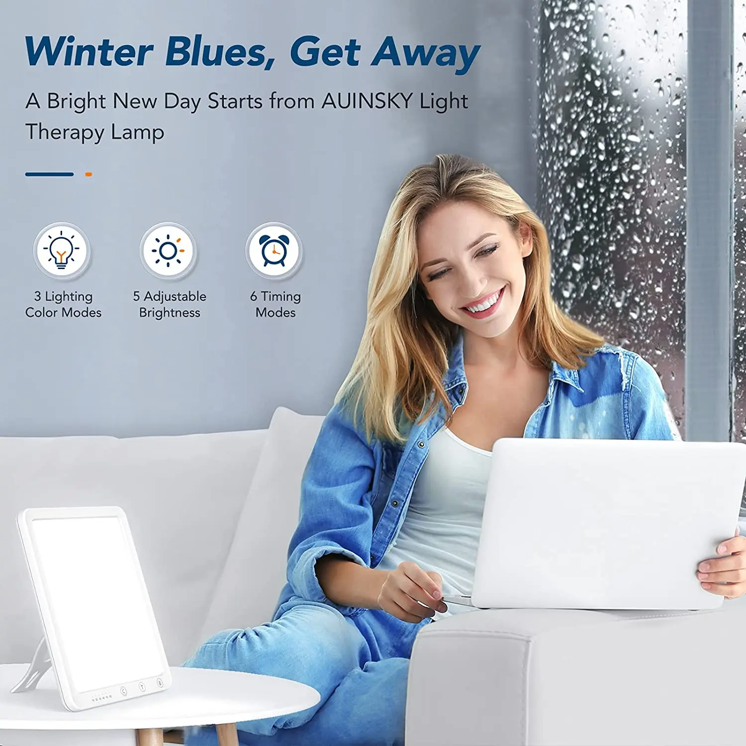 Light Therapy Lamp UV-Free 10000 LED Sunlight 3 Different Lighting Color Timer Function 5 Adjustable Brightness Level