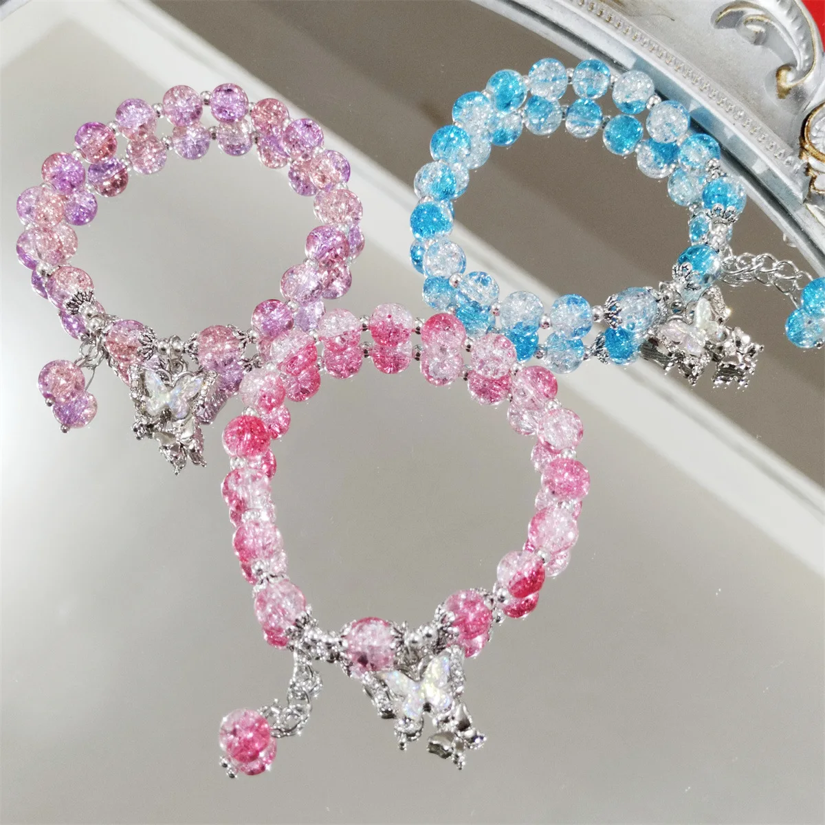 Wholesale Colourful Glass Bead Bracelet For Women Gradient Crystal Fashion Butterfly Adjustable Couple Gift Jewelry Bangles Girl