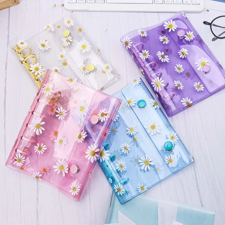 A7 Binder Cover Daisy Journal PVC Refillable Notebook Shell Clear Planner Cover Double Snap Button Closure Loose Leaf Case