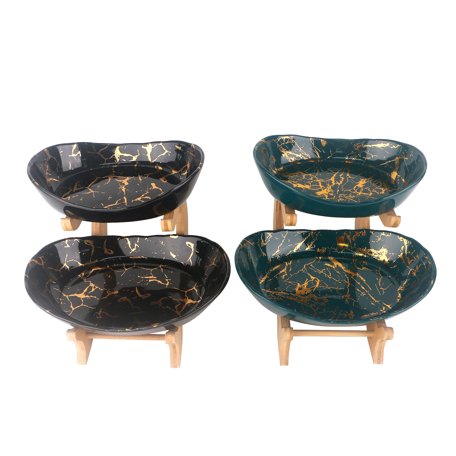 Creative Black and Dark Green With Gold Marble Ceramic Plates Serving Dishes Bamboo Rack for Ethiopian