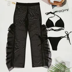 Custom Fitness Bikini&Beachwear Sexy See Through Swimwear Three Piece Beach Cover Up Bikini for Women