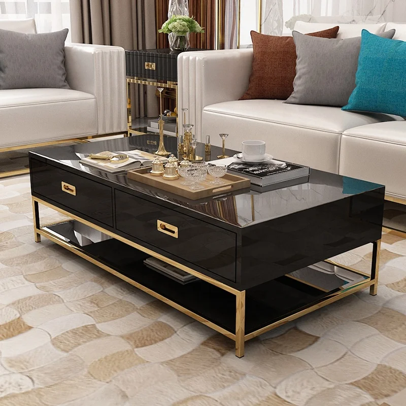 Modern tempered glass coffee table set light luxury coffee table living room furniture black and white luxury coffee table top