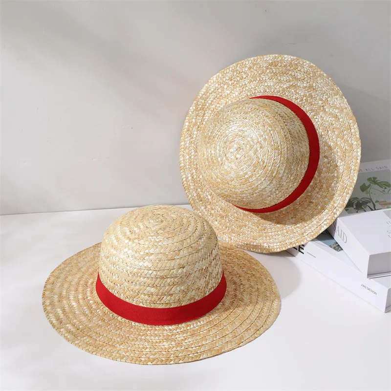Wholesale Straw Hats for Adults Children Anime Cosplay Paper Straw Sun hat with Red Ribbon UPF 50+ Outdoors Beach Cap