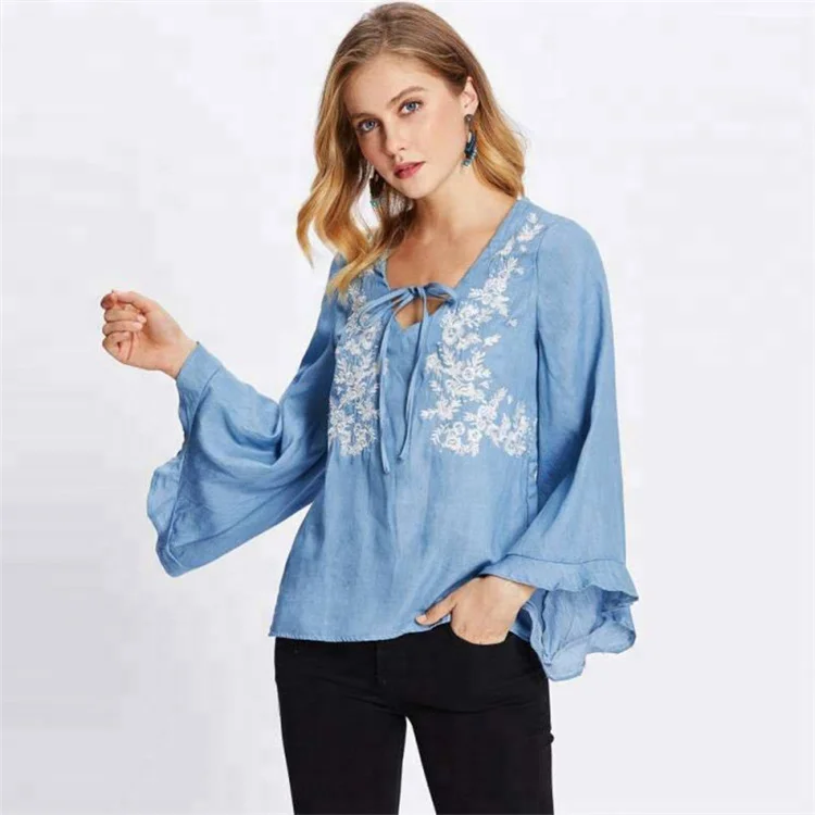 Women Long Sleeve Blue Embroidered Blouse
