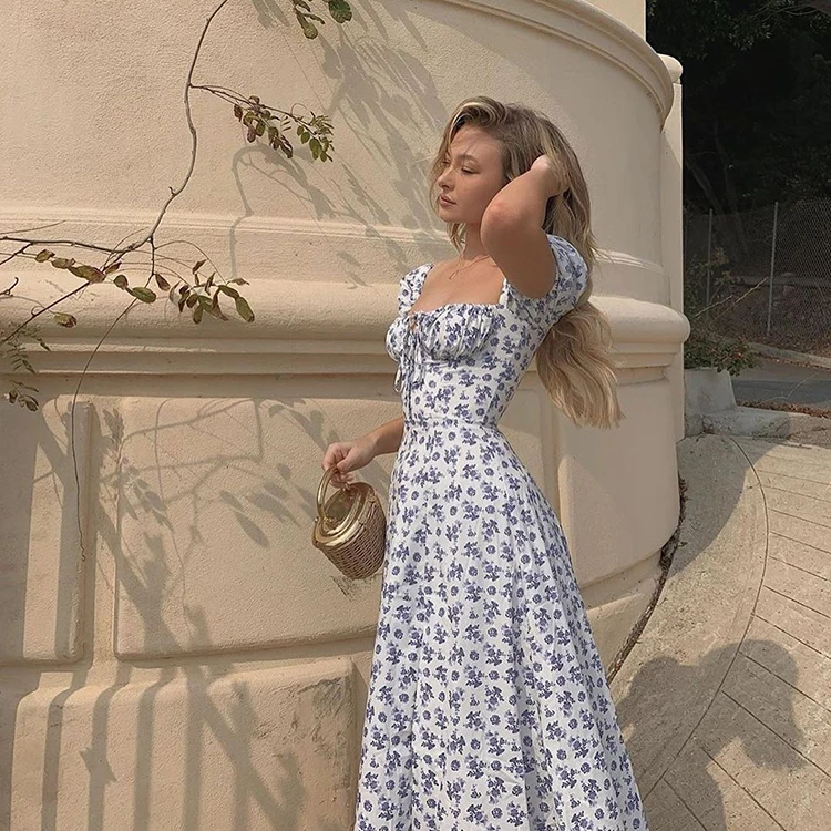 Square neck Short Puff Sleeve drawstring waist side slit  midi bangkok floral print dress lace