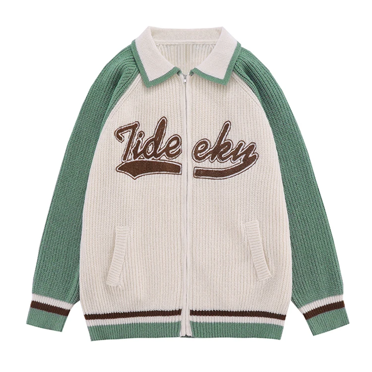 2024 causal polo zipper cardigan sweater stripes embroidery cable knit sweater long sleeve winter  breathable knitted sweater