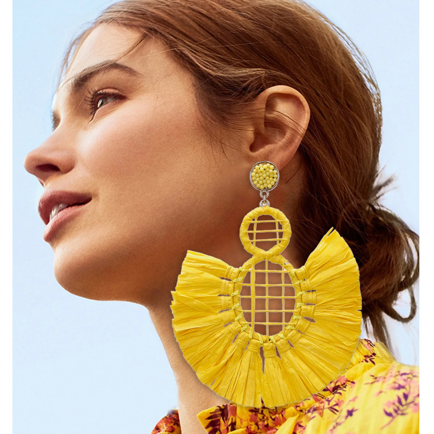 Bohemian Fashion Jewelry Handmade Geometric Lafite Drop Tassel Earrings Big Yellow Fringe Bridal Earring For Women