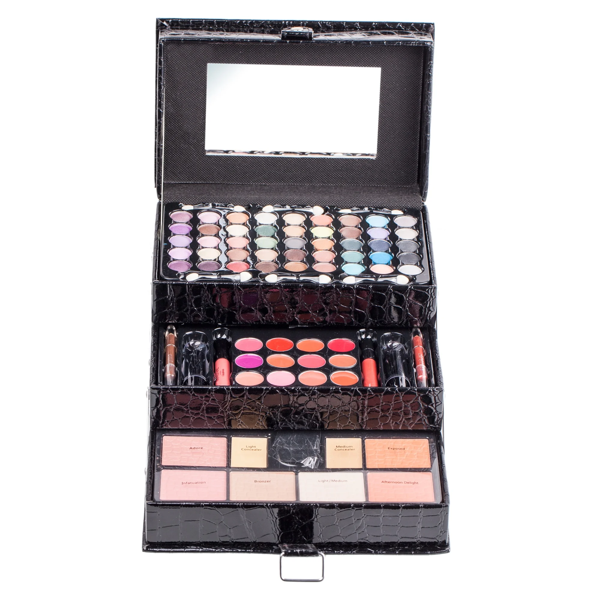 Factory hotselling black faux leather make up set box Makeup brushes eye shadow palettes blush palettes lipsticks lip glosses