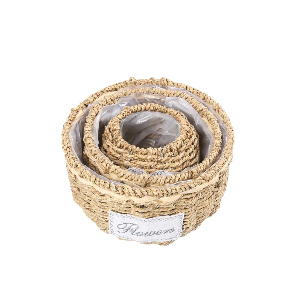 Natural custom packaging set of 3 garden flower storage basket woven seagrass storage basket with plastic liner