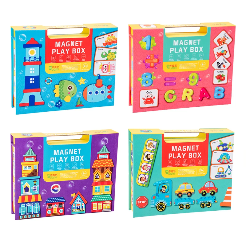 New arrival four theme interesting wooden magnetic puzzle game 3D puzzle educational game box toy set