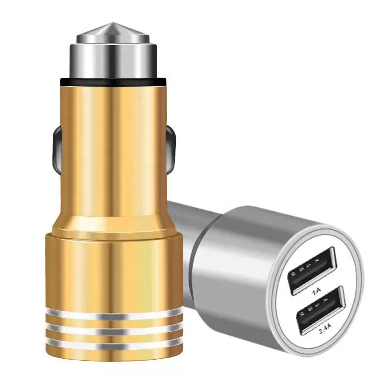 
Factory Supply Aluminum 12V Car Battery Charger Emergency Hammer Dual USB Car Charger For Mobile Tablet Notebook 