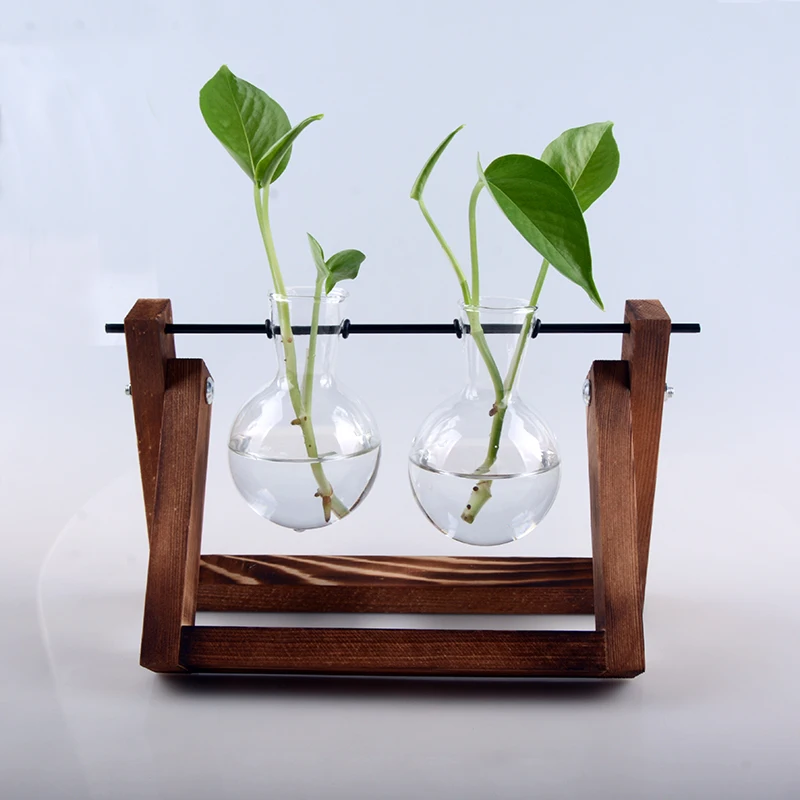 Medium creative hydroponic plant  transparent glass vase wooden frame vase