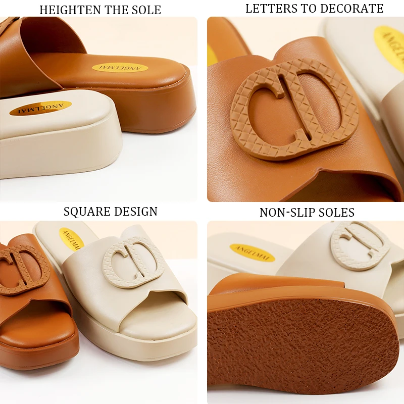 Fashion outdoor PU shoe lady Summer Letter buckle wedge Heel thick Slippers Fashion Round Head chunky women platform sandals