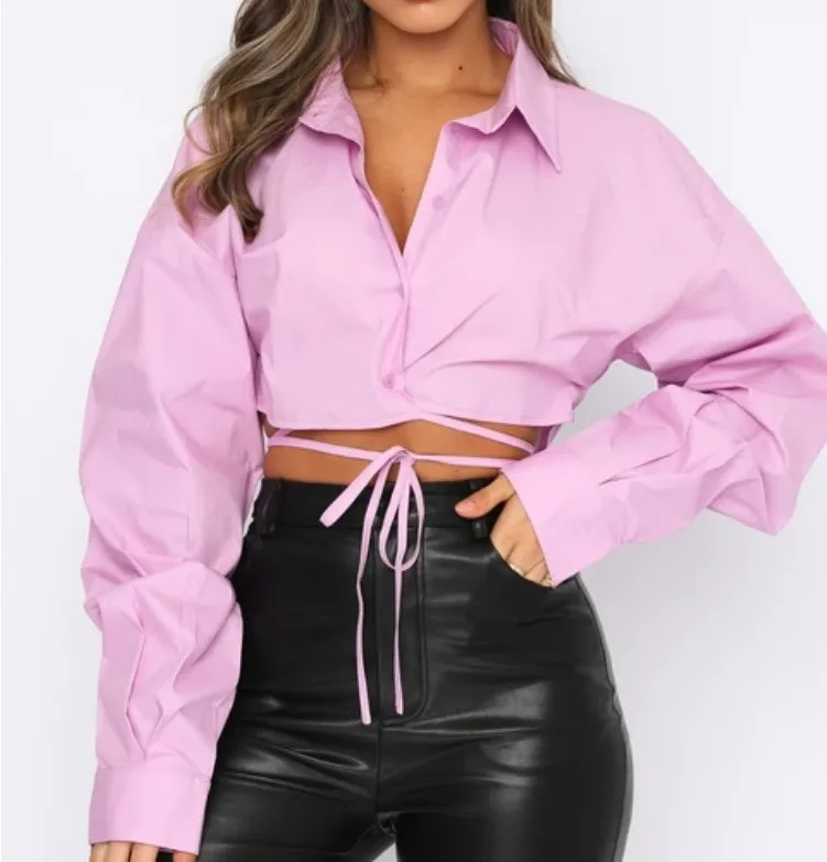 2023 S-XXl Summer Long Sleeve Short Loose Solid Color Cardigan Tie Lapel Single Breasted Urban Casual Fashion Shirt