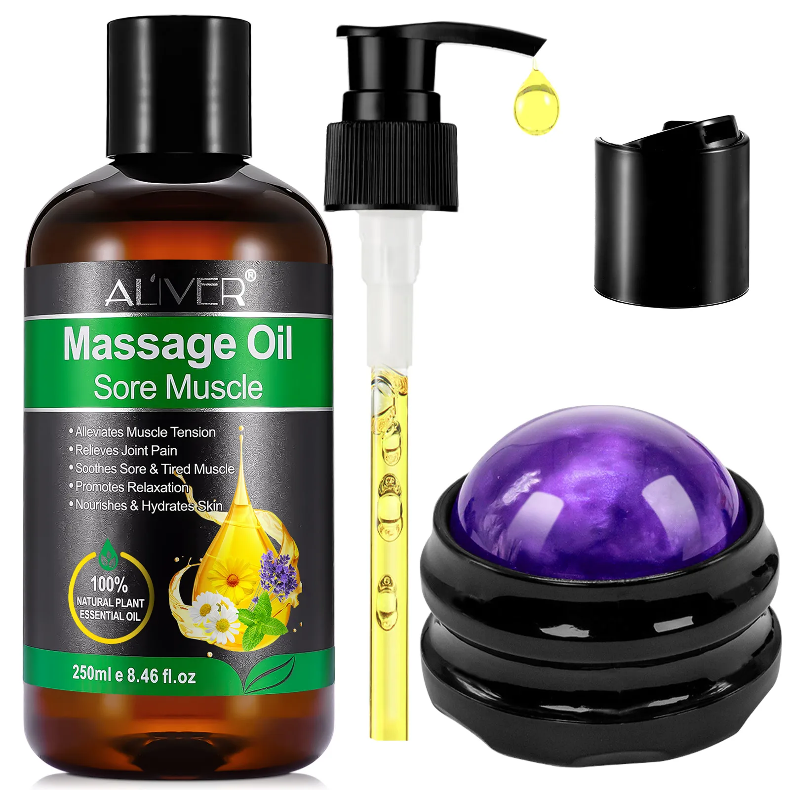 ALIVER Massage Oil Relieves Joint Pain Therapy Essential Oil Sore Muscle Massage Oil With Roller Ball For Body Relaxation