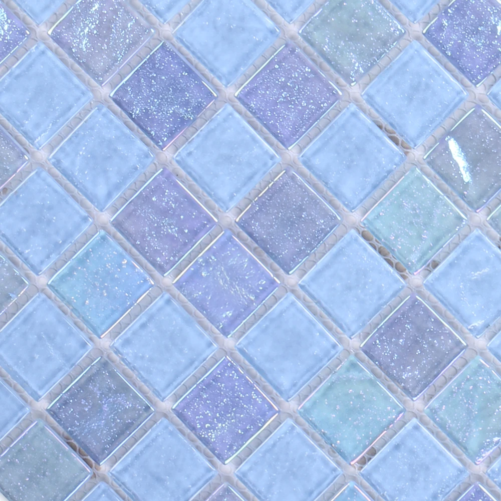 Swimming pool hotel bathroom mosaic tile Foshan square crystal iridescent light blue glass mosaic