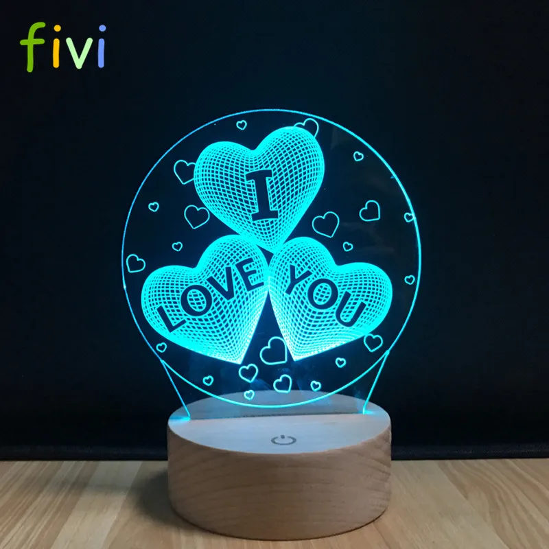 3D ночник I Love You Иллюзия оптическая лампа со светодиодной подсветкой 7 видов цветов RGB дерево