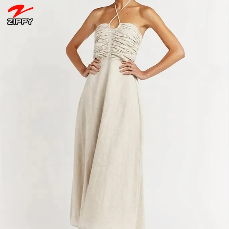 100% Natural Linen Backless Maxi Dresses Clothing  Summer Halter Sexy White Beach Dress Long Linen Elegant Casual Dress For Wome