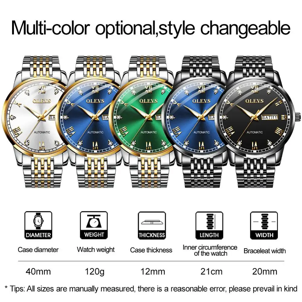 
OLEVS OEM Luxury Automatic Movement Stainless Steel Custom Logo Waterproof Men Automatic Mechanical Blue Dial Men Watch 