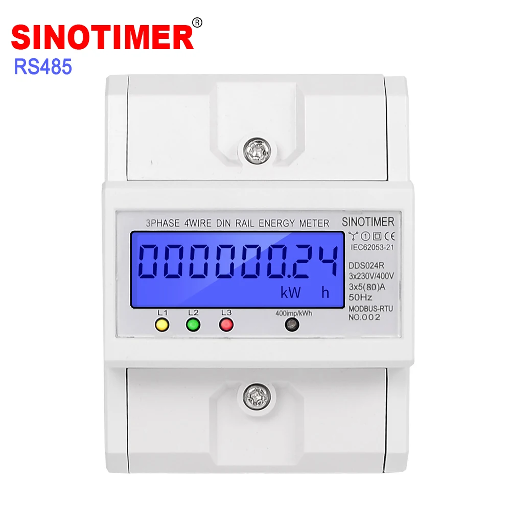 RS485 Modbus Rtu DIN Rail 3 Phase 4 Wire Electronic Wattmeter Power Consumption Energy Meter 5-80A 380V AC 50Hz LCD Backlight