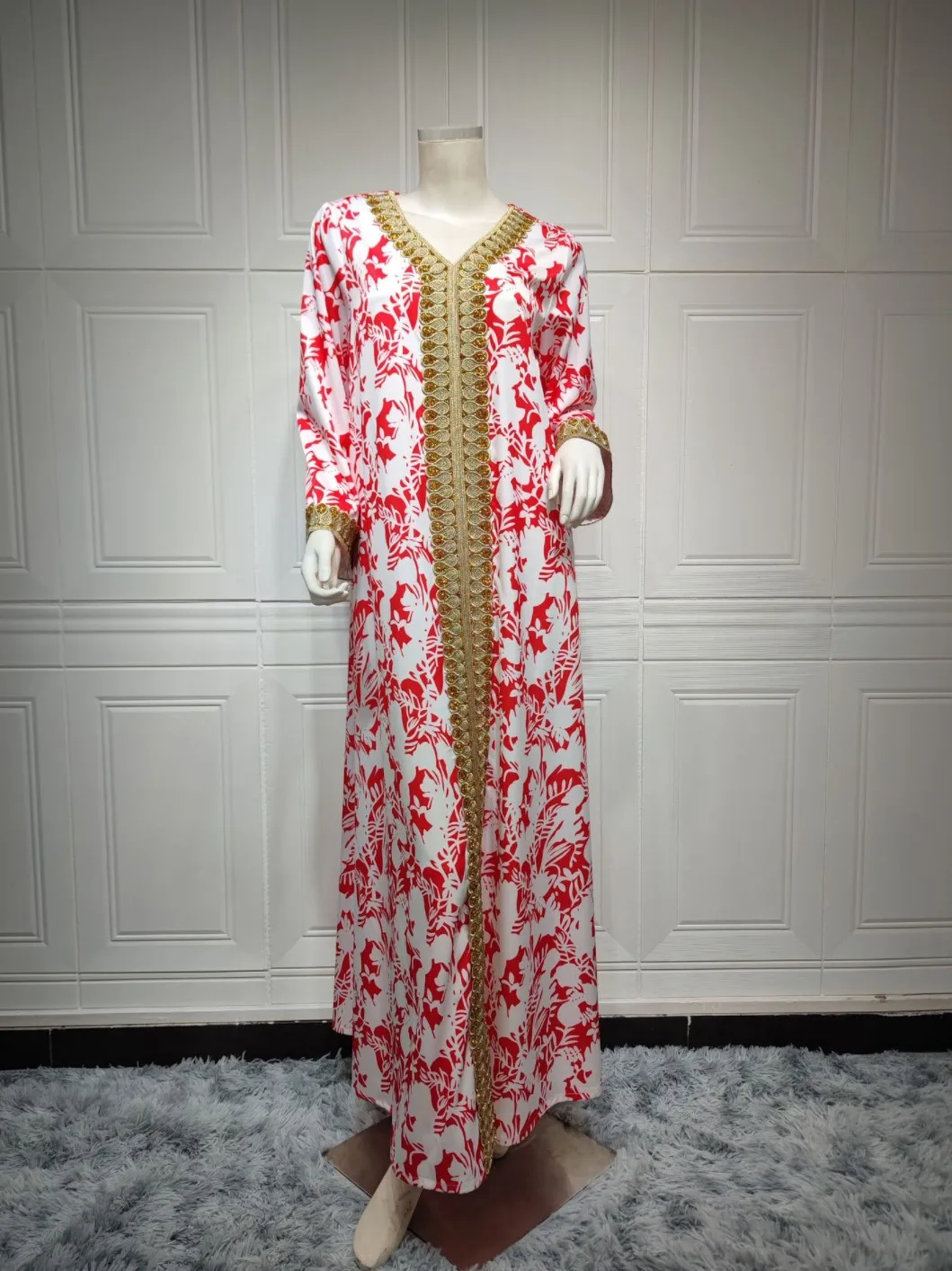 2022 new arrival Muslim clothing Arabic women abaya dress red white flower print diamond Moroccan dresses