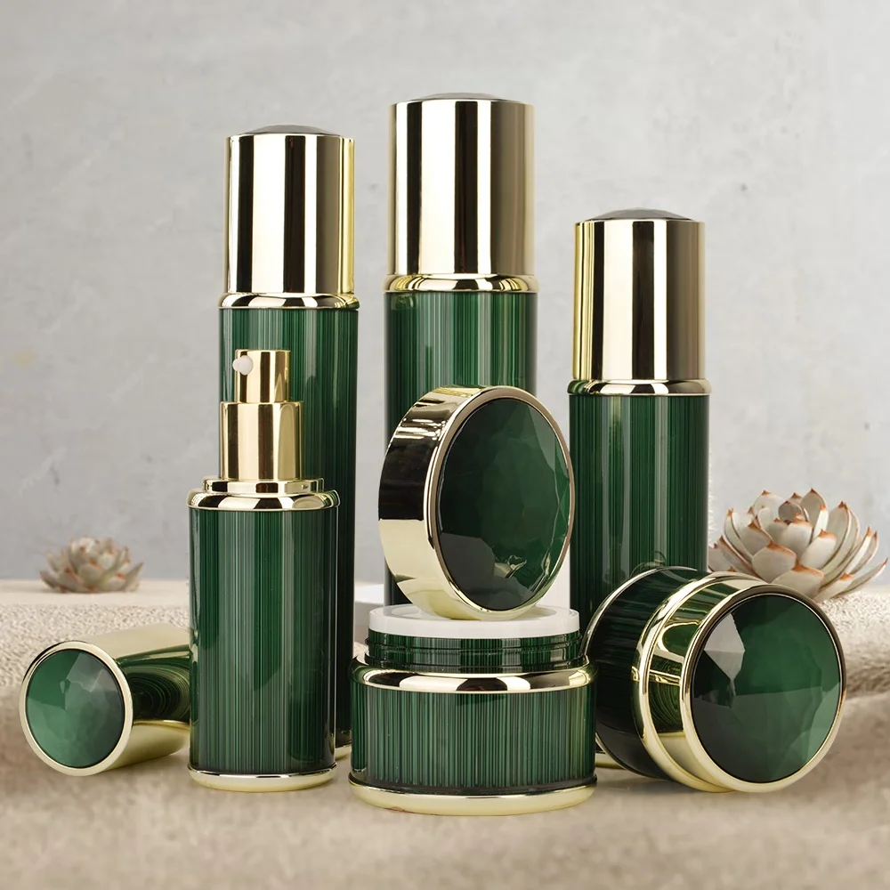luxury custom skin care green cosmetic container set packaging bottle empty skincare acrylic containers