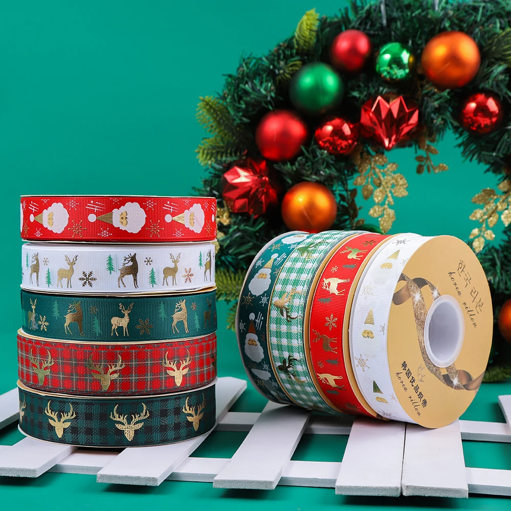 New 25mm wide Christmas gift ribbon with thermosetting hot stamping Santa Claus elk pine tree pattern ribbon